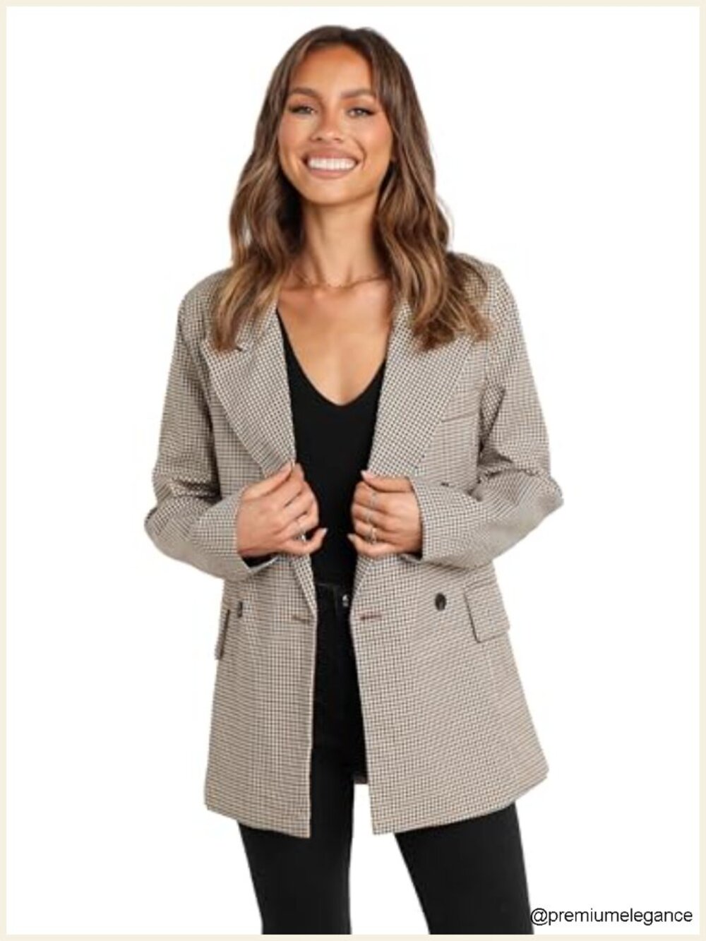 Women's Double Breasted Checkered Blazer - Long Sleeve Collared Suit Jacket